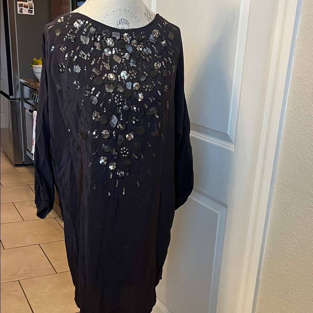 EUC Rebecca Taylor 100% silk gun medal gray black sequin dress size 4